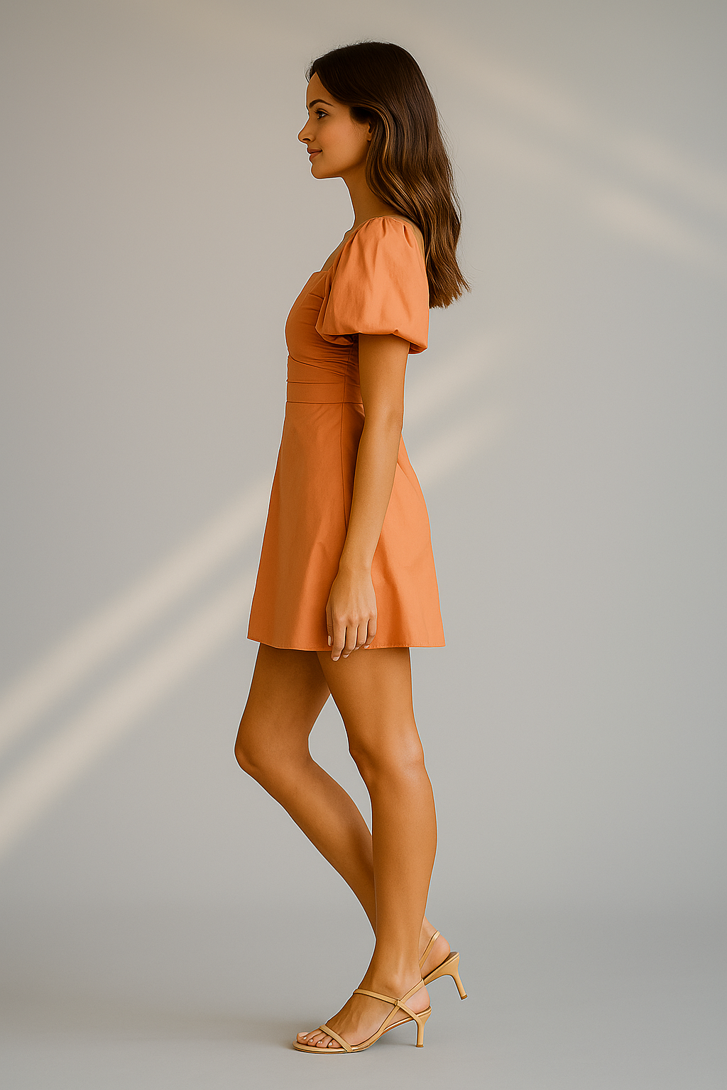 Orange mini kjole med firkantet halsudskæring og korte pufærmer