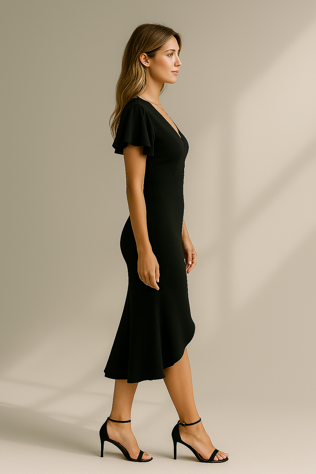 Sort slå-om maxikjole med flæseærmer og høj slids