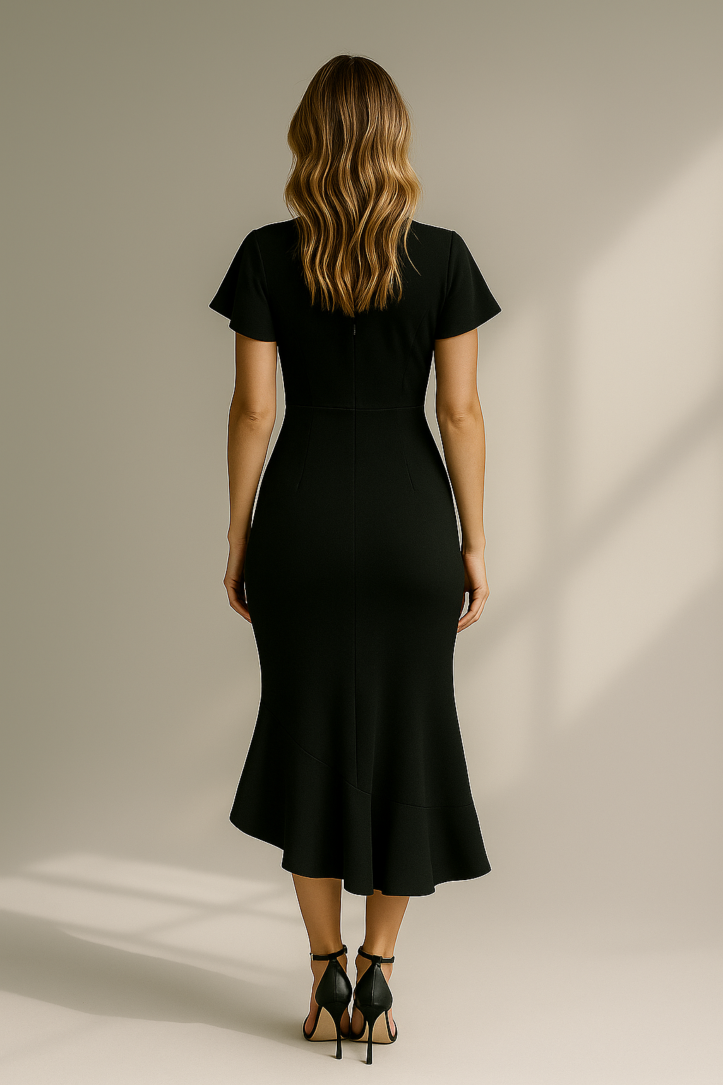 Sort slå-om maxikjole med flæseærmer og høj slids