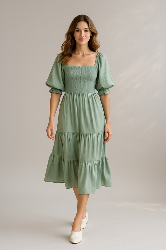 Grøn midi kjole med kvadratisk hals og pufærmer