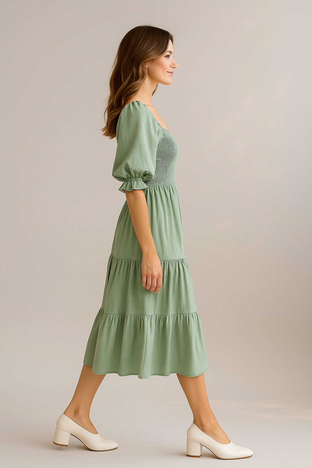 Grøn midi kjole med kvadratisk hals og pufærmer