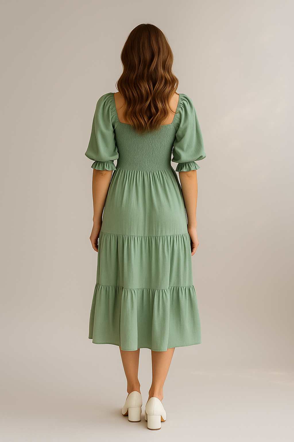 Grøn midi kjole med kvadratisk hals og pufærmer
